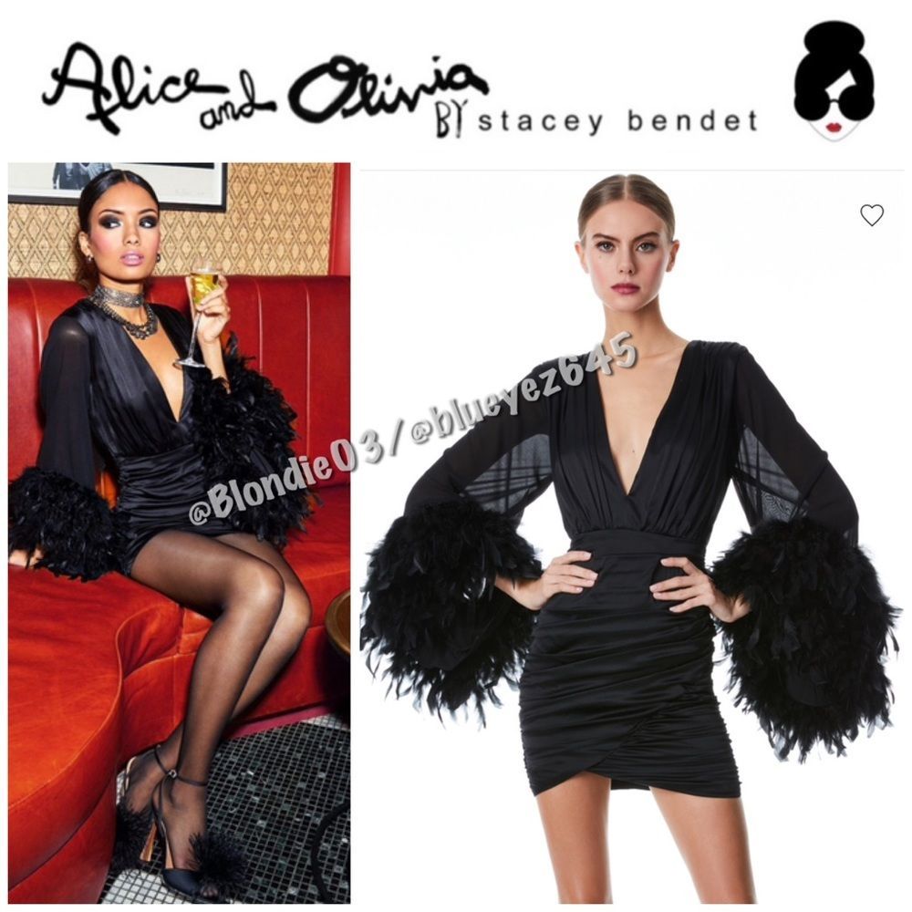 Alice + Olivia Joette Feather Trim Sleeve Mini Dress in Black 2